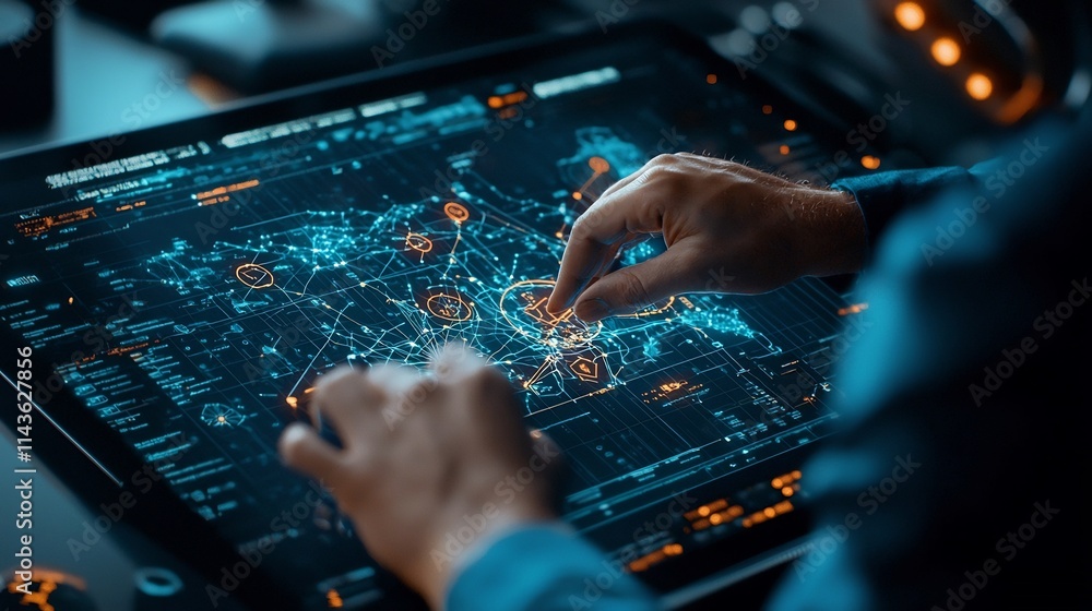 Poster futuristic holographic screen featuring interconnected data points maps and lines creating a visuall