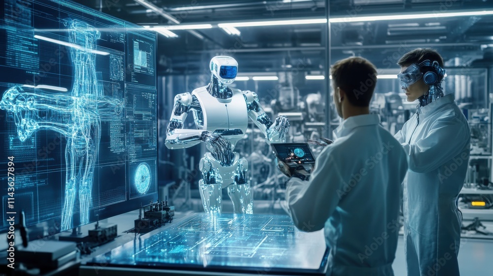 Poster futuristic laboratory showcasing advanced robotics and interactive technology in a sleek scientific 