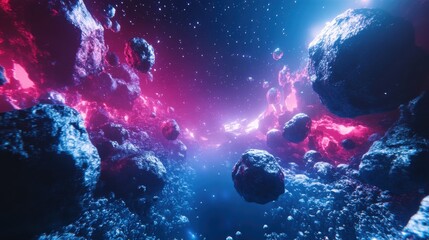 Futuristic interstellar journey through vibrant asteroid fields and cosmic colors