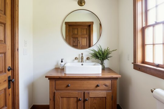 Rustic bathroom vanity with round mirror and wooden accents in bright natural light setting.