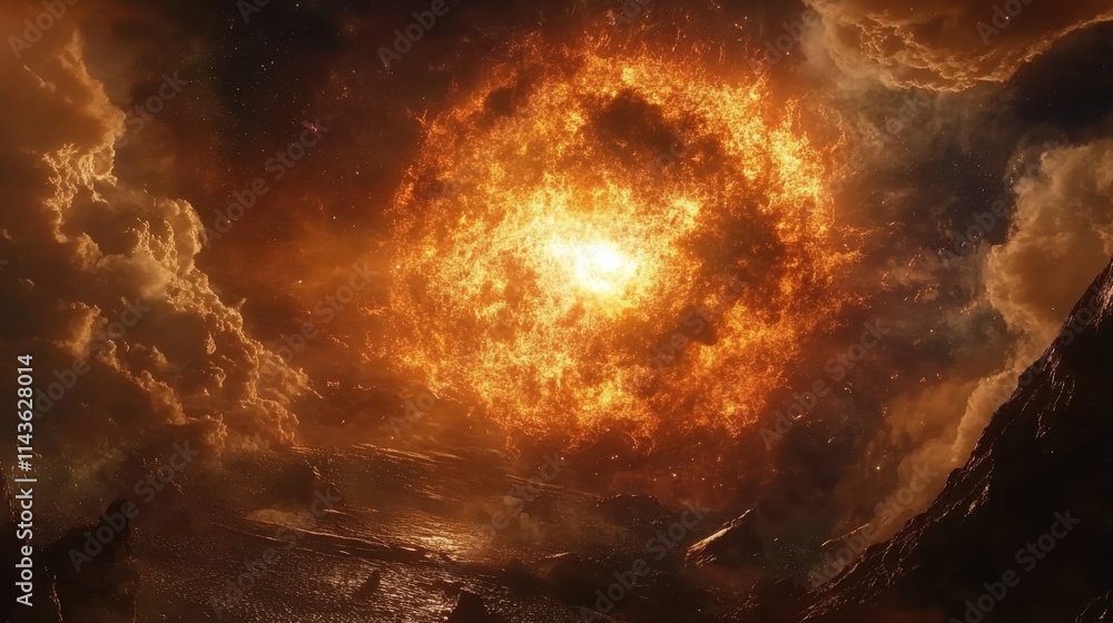 Poster vibrant explosion of a supernova illuminating the cosmic expanse with fiery colors and dynamic energ