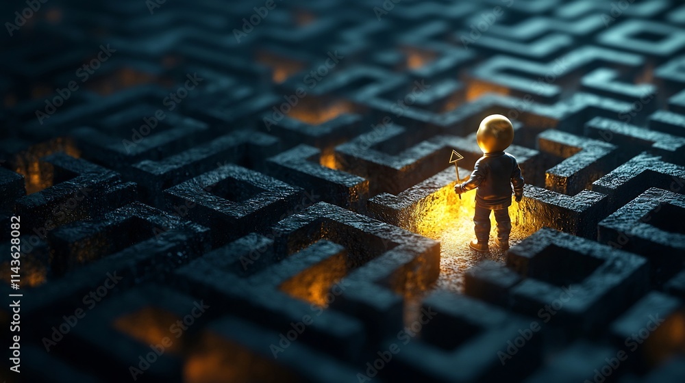 Poster a glowing maze with a golden figure carefully tracing the illuminated path to the exit symbolizing t