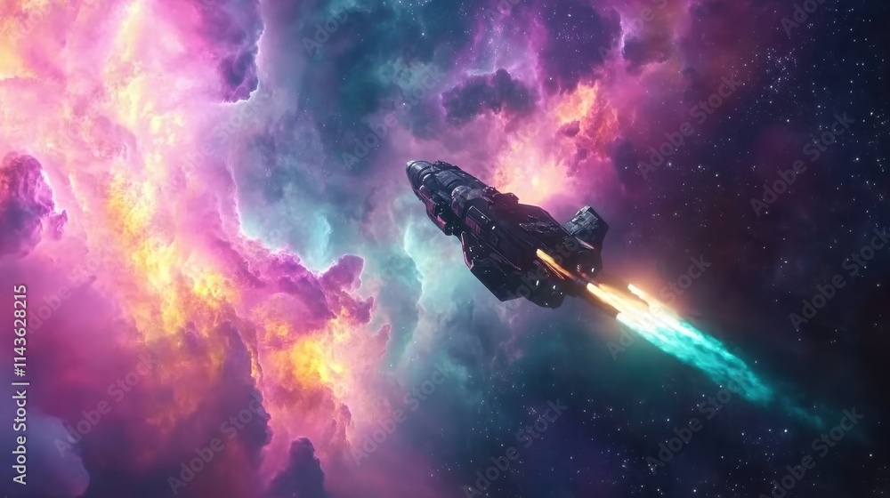 Aufkleber Spaceship navigates colorful cosmic nebula with vibrant propulsion in deep space