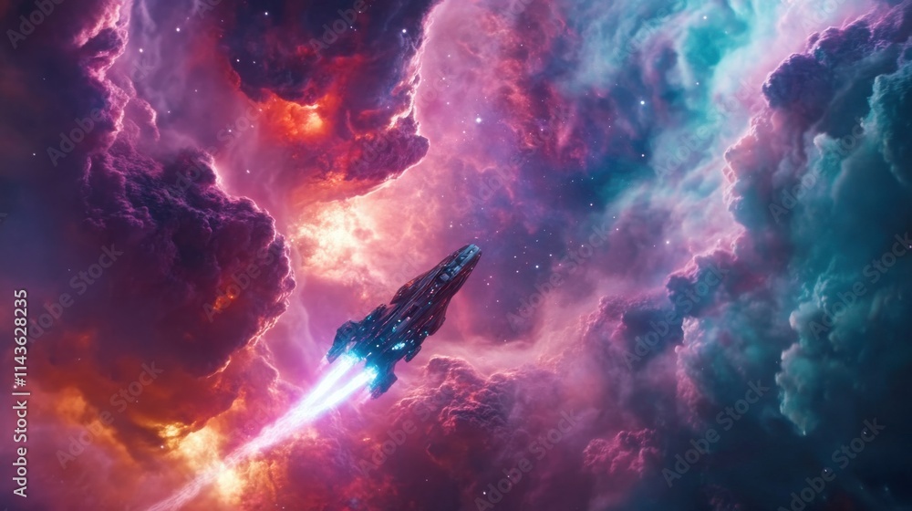 Aufkleber Spaceship gliding through vibrant cosmic clouds in a distant galaxy at twilight
