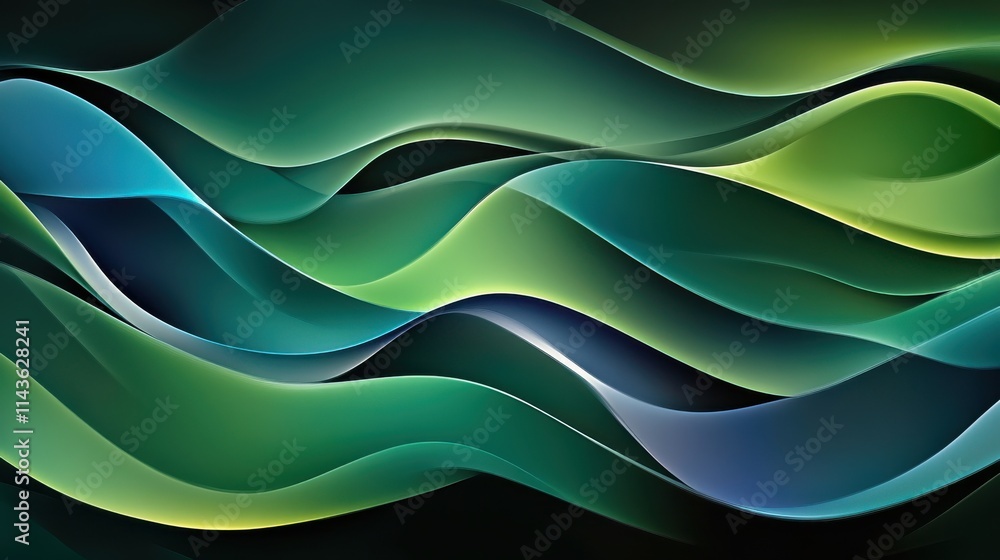Poster dynamic pattern of flowing digital waves showcasing a blend of green and blue hues in a seamless des