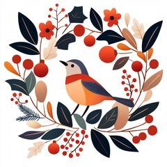 Christmas animal in flat design theme. A colorful bird surrounded by vibrant foliage and berries in a decorative wreath design on white background.
