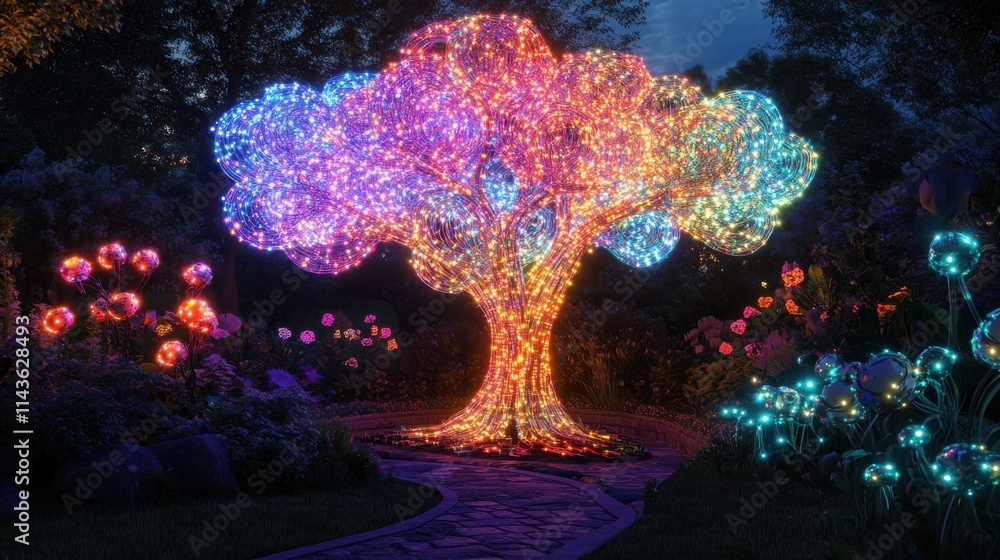Poster luminous tree glowing in a magical garden at twilight with colorful orbs illuminating the surroundin