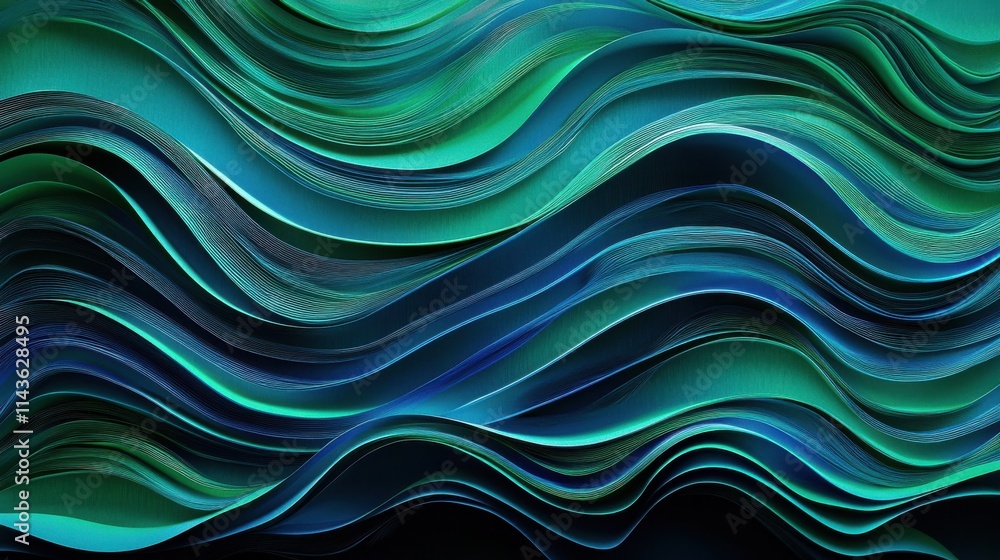 Poster Dynamic digital waves creating an abstract flowing pattern of green and blue hues in a vivid visual display