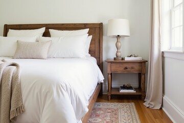 Cozy modern bedroom with wooden bedframe and elegant decor for relaxation.