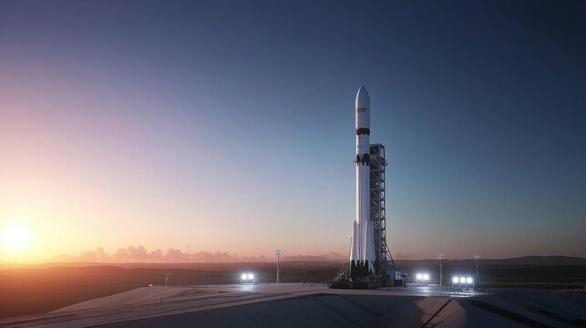 Dramatic view of a rocket on the launch pad at dawn ready for takeoff in a vast desert landscape