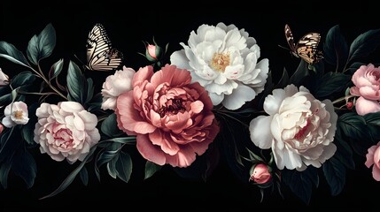 Dark background floral arrangement featuring peonies and butterflies
