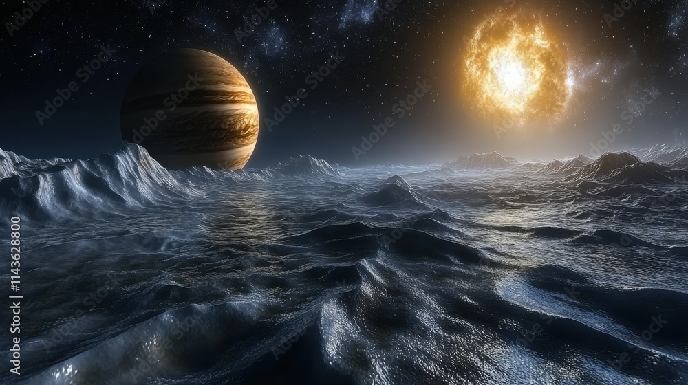 Poster detailed view of a water-covered exoplanet orbiting a distant star with planetary features visible