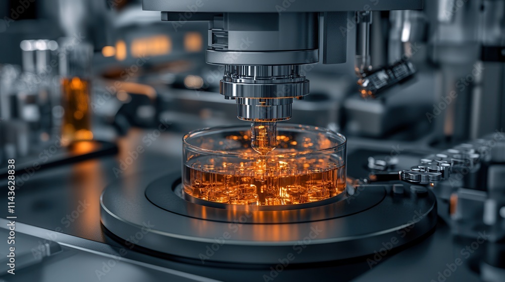 Poster a lab setup showcasing a precision microscope analyzing a petri dish filled with amber liquid, highl