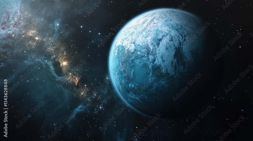 Poster detailed view of a water-covered exoplanet in deep space showcasing its unique atmosphere and distan