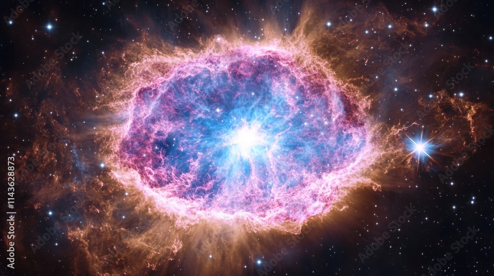 Poster detailed representation of the aftermath of a stellar explosion in a vibrant nebula