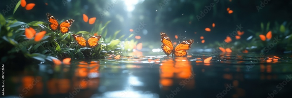 Poster orange butterflies flutter over a calm forest stream reflecting the sunlight.