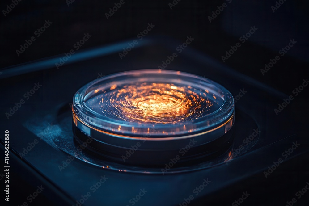 Poster a vibrant, circular pattern glows with orange light, surrounded by dark, smooth surfaces, creating a