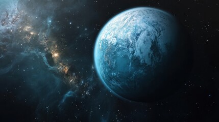Fototapeta premium Detailed view of a water-covered exoplanet in deep space showcasing its unique atmosphere and distant galaxies