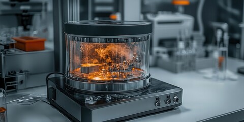 A high-tech device with a transparent dome, displaying vibrant orange elements, situated in a modern lab setting.