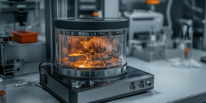 A high-tech device with a transparent dome, displaying vibrant orange elements, situated in a modern lab setting.
