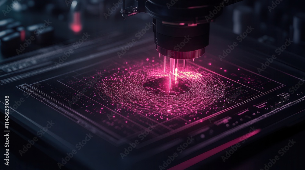 Poster a close-up view of a laser interacting with a circuit board, emitting vibrant pink light, highlighti