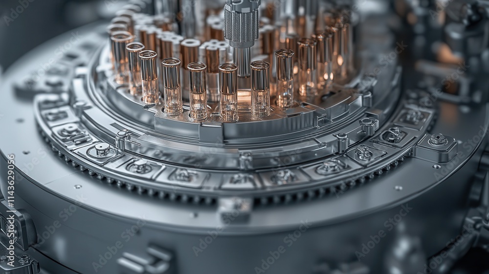 Poster A close-up view of a complex mechanical structure featuring intricate details, metallic components, and a futuristic design.