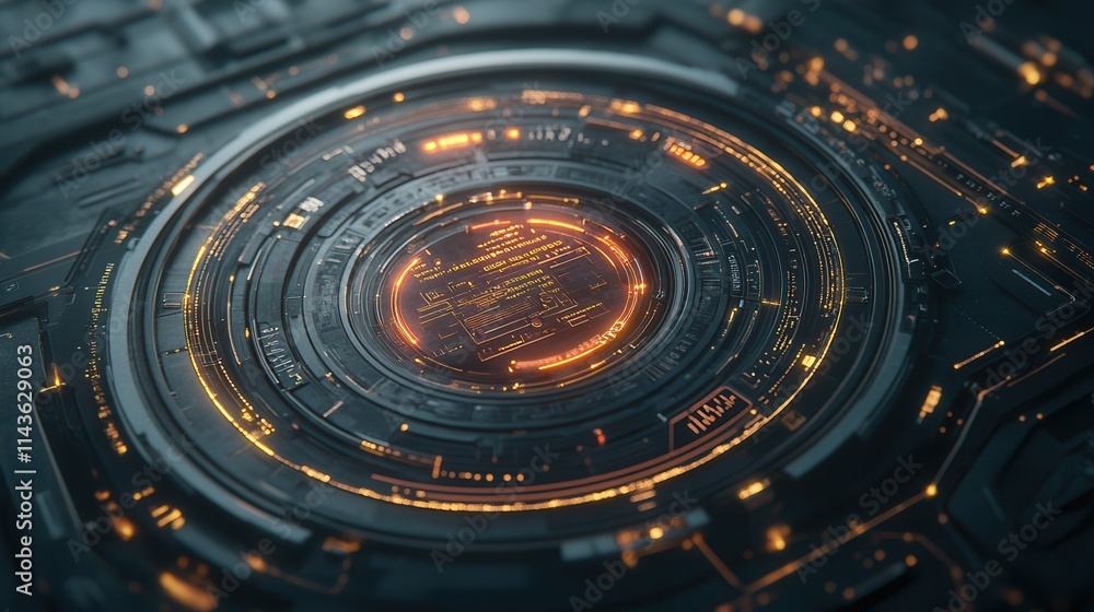 Poster a futuristic, circular design with glowing orange elements against a dark background, resembling adv