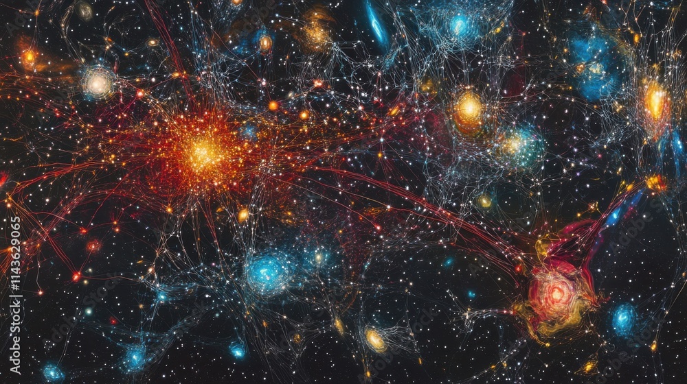 Poster colorful deep-space exploration revealing cosmic structures and vibrant celestial bodies in a vast u