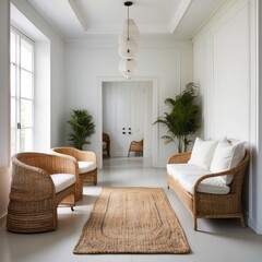 White Hallway With Wicker Furniture And Plants