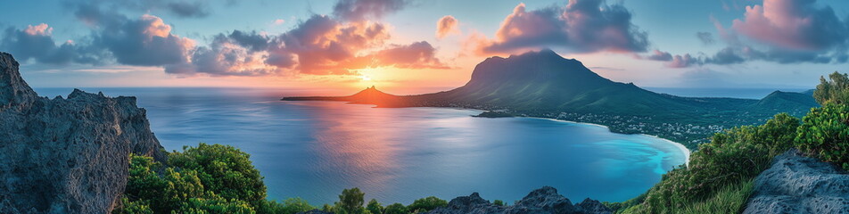 A panoramic photo of a beautiful sunset beach landscape in Mauritius where the blue sea, mountains, and coastline are in harmony.