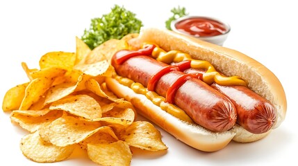 Delicious Hot Dog with Mustard, Ketchup, and Potato Chips