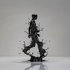 Black mercury forms a striking human silhouette, enhanced by silver reflections on a high-contrast grey background, creating a surreal artistic effect