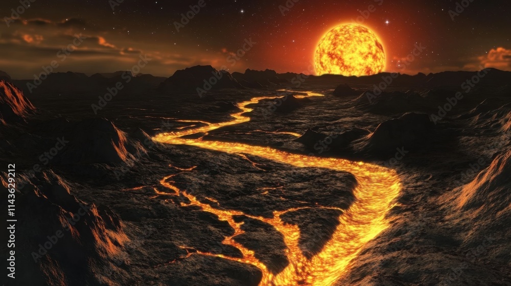 Poster close-up view of a distant exoplanet with flowing lava and a glowing sun in the sky