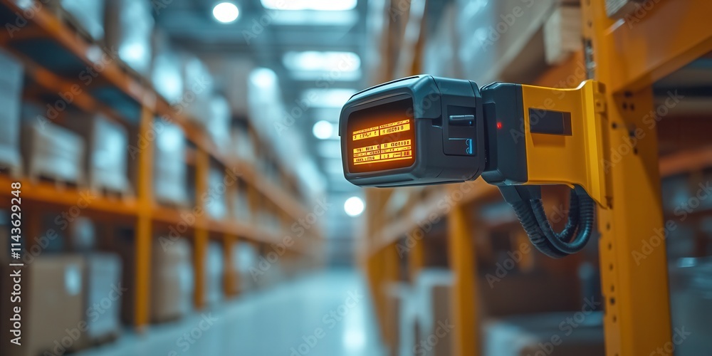 Poster a digital display device mounted in a warehouse, showing inventory data, with shelves of boxes in th
