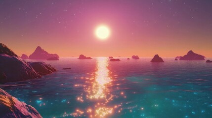 Exoplanet with a vibrant sunset casting reflections over alien ocean and distant mountains