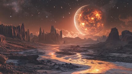 Close-up view of a distant exoplanet showcasing fiery atmosphere and rugged terrain under a starry sky