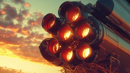 Close-up view of rocket engine area igniting against a vibrant sunset sky with flames visible