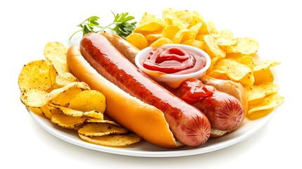 Delicious Hot Dog with Crispy Potato Chips and Ketchup