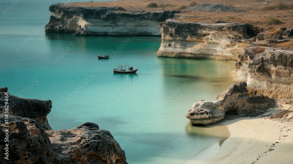 Poster captivating view of limestone formations along a tranquil coastline with boats at sunset in a scenic