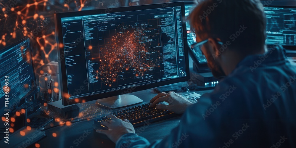 Fototapete A focused individual analyzes data on a computer screen, surrounded by a digital interface displaying intricate visualizations and coding.