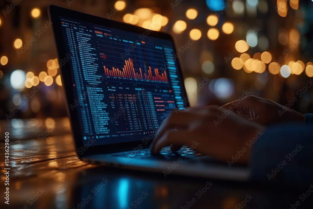 Poster A person works on a laptop displaying data analysis and graphs, illuminated by ambient lights in a nighttime setting.
