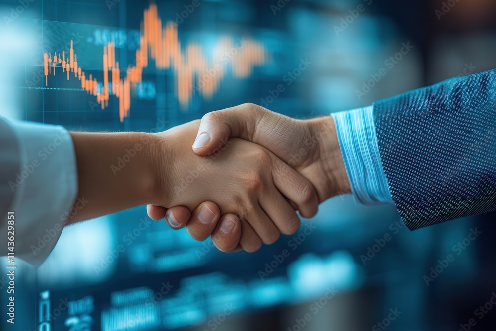 Poster a handshake symbolizes partnership and collaboration, with financial data displayed in the backgroun