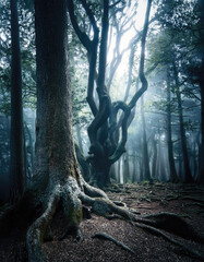 deep, dark forest with ancient, towering trees