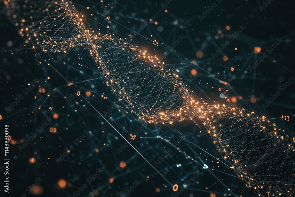 Poster a captivating digital representation of a dna strand, intertwined with glowing particles and connect