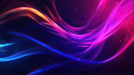 Naklejka premium Abstract Cosmic Dance: A mesmerizing abstract background of flowing, luminous lines in vibrant hues of blue, pink and orange, dancing against a dark, starry backdrop. The lines twist and turn.