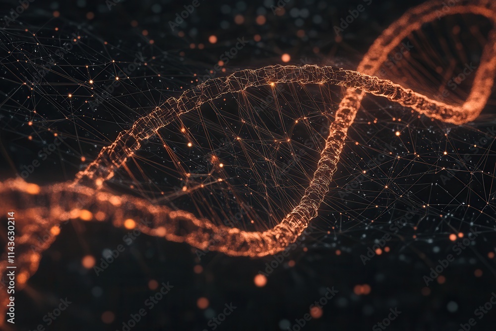 Poster a digital rendering of a dna double helix, highlighted in orange against a dark backdrop, symbolizin