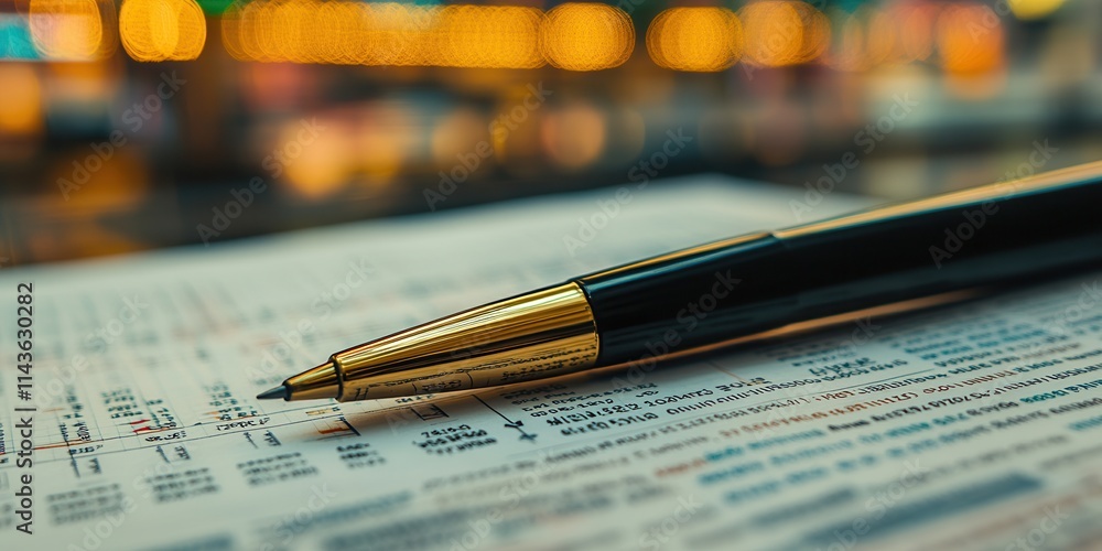 Poster a close-up of a stylish pen resting on paperwork, with a blurred, colorful background creating a dyn
