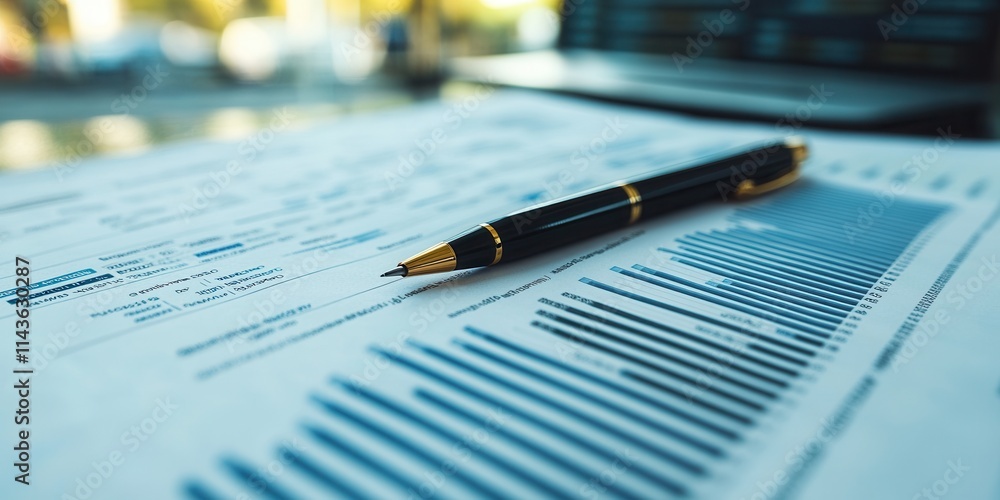 Aufkleber a close-up of a financial report with charts and a pen, illustrating data analysis and business plan