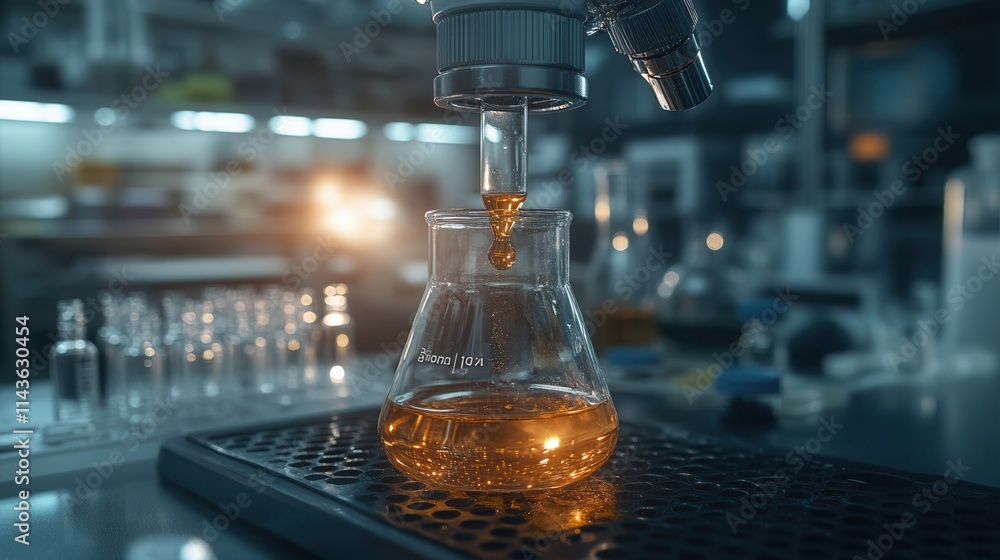 Poster a laboratory scene featuring a flask receiving a liquid, highlighting scientific experimentation wit