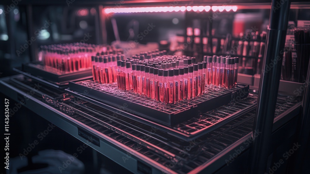 Poster a laboratory scene featuring illuminated test tubes arranged in a grid, showcasing a vibrant pink gl
